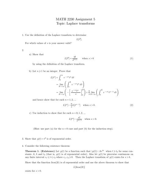 MATH 2230 Assignment 5 Topic: Laplace transforms