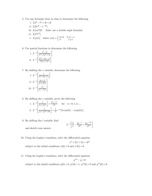MATH 2230 Assignment 5 Topic: Laplace transforms