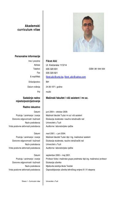 Akademski curriculum vitae - MaÅ¡inski fakultet - untz