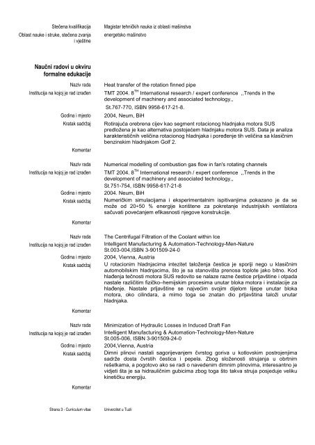 Akademski curriculum vitae - MaÅ¡inski fakultet - untz