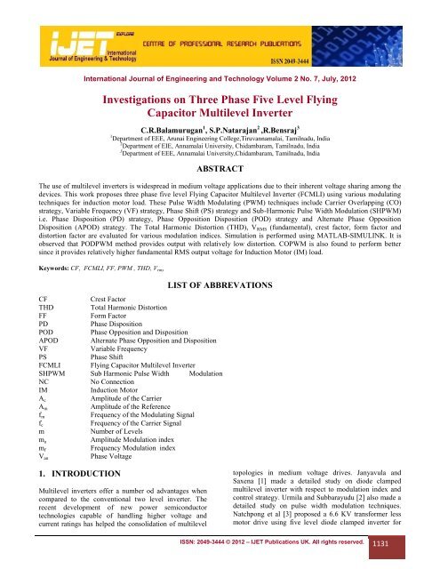 Investigations on Three Phase Five Level Flying Capacitor Multilevel ...