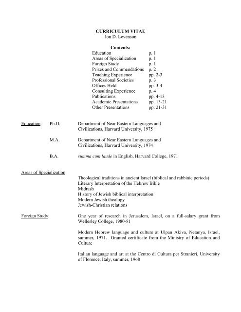 CURRICULUM VITAE Jon D. Levenson Contents ... - Academic Room