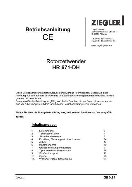 Rotorzettwender HR 671-DH Betriebsanleitung