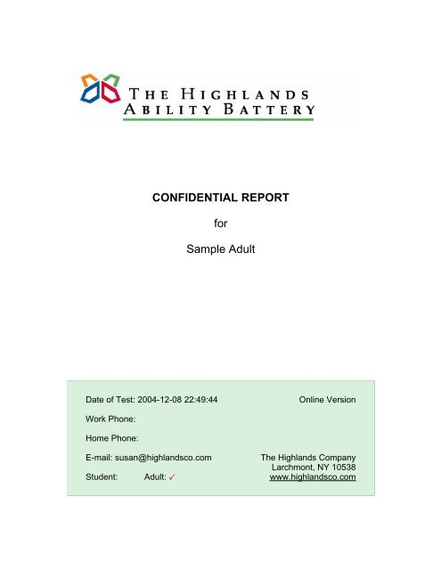 CONFIDENTIAL REPORT for Sample Adult - The Highlands Company