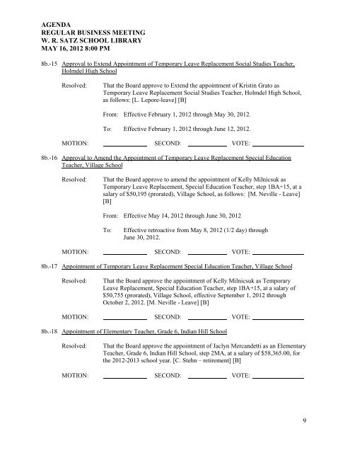 agenda regular business meeting wr satz school library ... - Holmdel