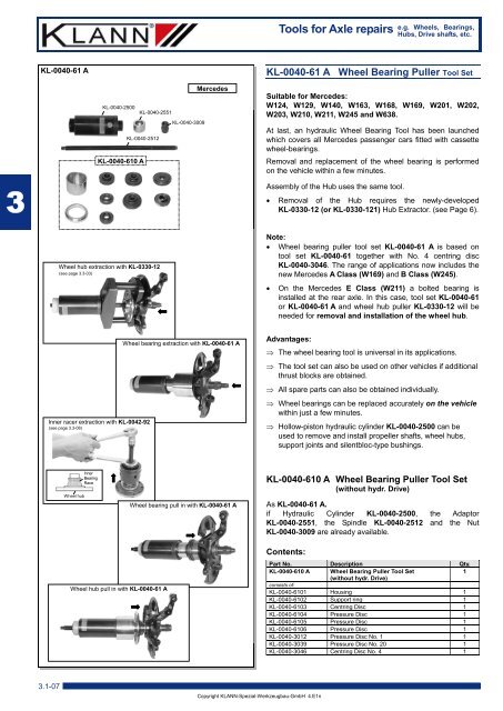 Tools for Axle repairs e.g. Wheels, Bearings, - CARTEL