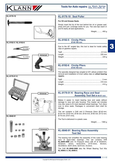 Tools for Axle repairs e.g. Wheels, Bearings, - CARTEL