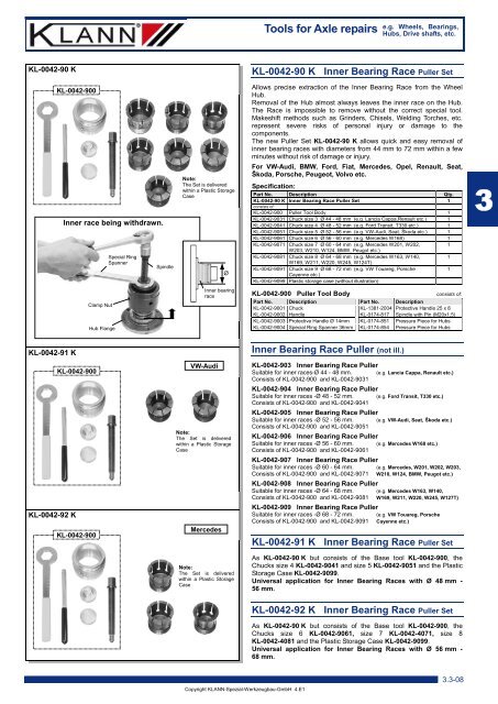 Tools for Axle repairs e.g. Wheels, Bearings, - CARTEL