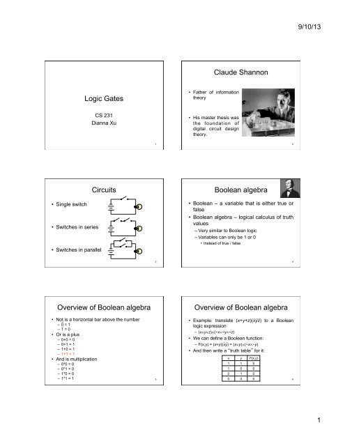 Logic Gates Claude Shannon Circuits Boolean algebra Overview of ...