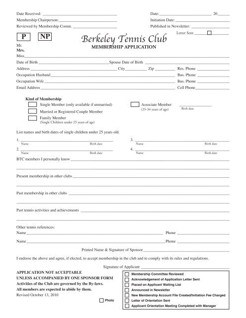 BERKELEY TENNIS CLUB MEMBERSHIP APPLICATION ...