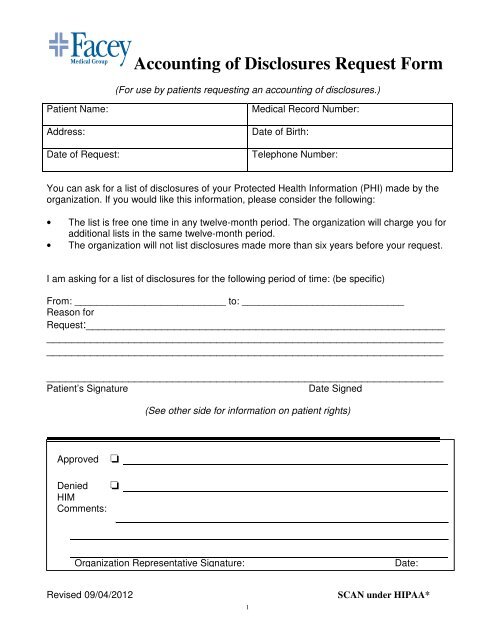 Accounting of Disclosures Request Form - Facey Medical Group