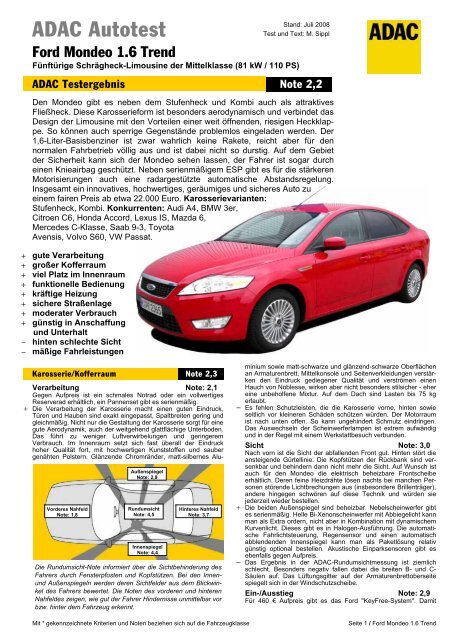 Umfassender Test Ford Mondeo 1.6 Trend - ADAC