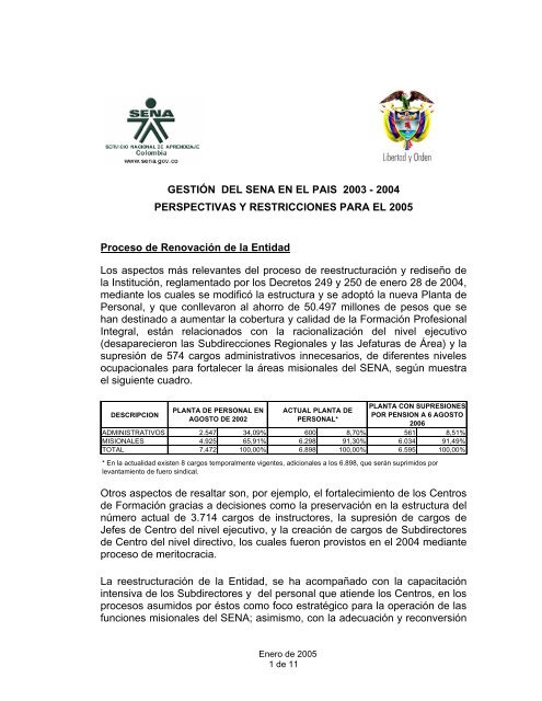 Gestión del SENA 2003 - 2004 y perspectivas 2005