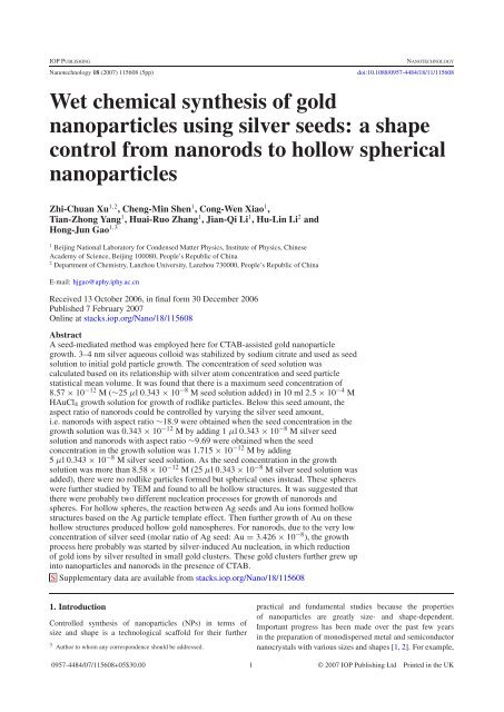 Wet chemical synthesis of gold nanoparticles using silver seeds: a ...