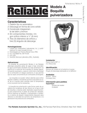 Modelo A Boquilla pulverizadora - Reliable Automatic Sprinkler Co.