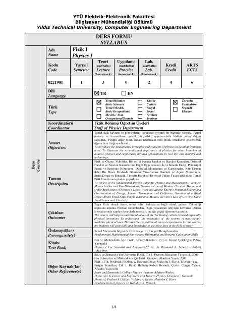 DERS FORMU SYLLABUS Fizik I Physics I