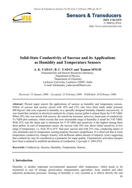 Solid-State Conductivity of Sucrose and its Applications as Humidity ...