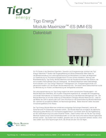Tigo EnergyÂ® Module Maximizerâ¢-ES (MM-ES) Datenblatt