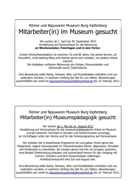 Mitarbeiter(in) im Museum gesucht - Römer und Bajuwaren Museum ...