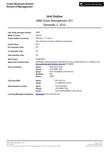 Unit Outline 9986 Asian Management 301 Semester 2, 2012