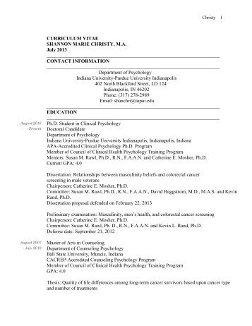 CURRICULUM VITAE SHANNON MARIE CHRISTY, M.A. July 2013 ...