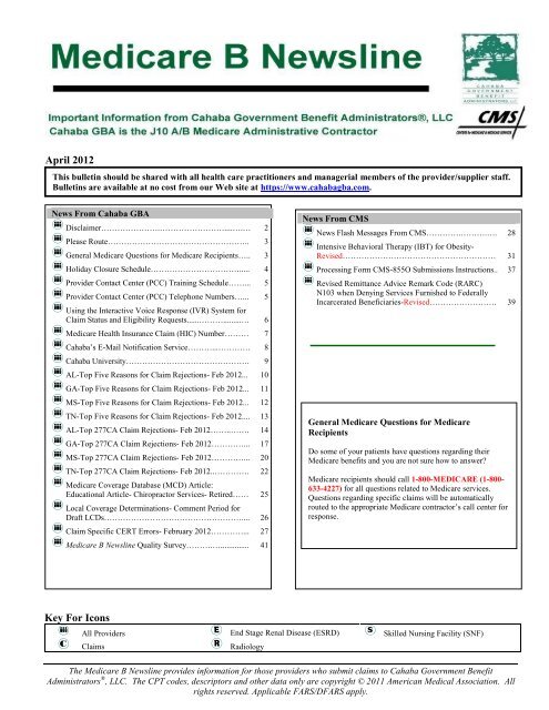 Medicare Part B Newsline April 2012 - Cahaba GBA