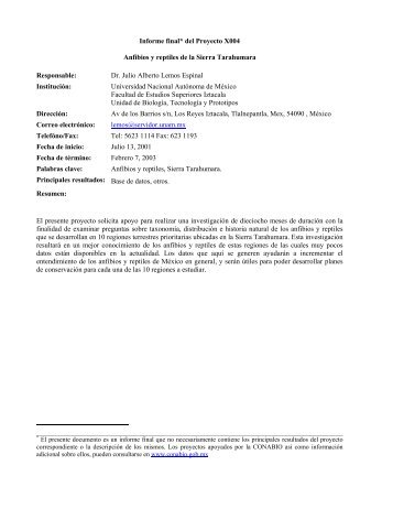 Informe final* del Proyecto X004 Anfibios y reptiles de la Sierra ...