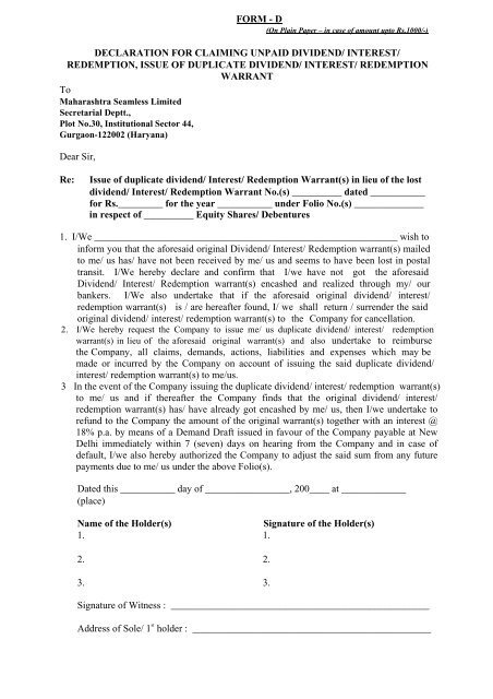 Declaration for Duplicate Dividend Form - Jindal Group of Companies