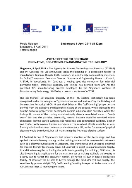 PRESS RELEASE - Singapore Institute of Manufacturing Technology
