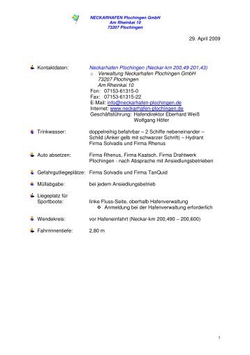 29. April 2009 Kontaktdaten: Neckarhafen Plochingen (Neckar-km ...