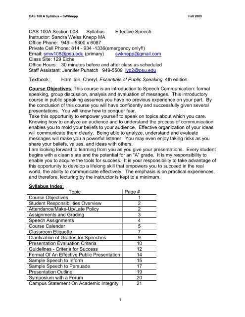 Cas 100A Course Syllabus Effective Speech - Penn State Altoona