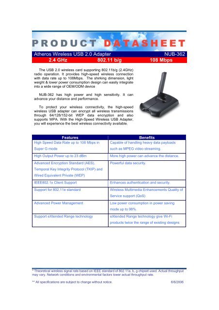 Atheros Wireless USB 2.0 Adapter NUB-362 2.4 GHz ... - Senao