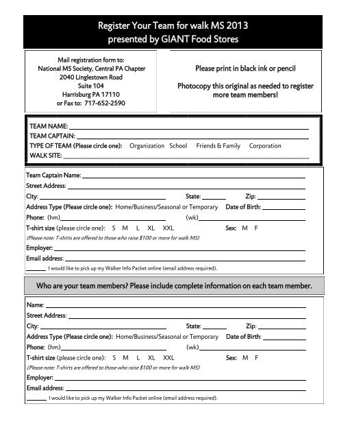 Printable Team registration form