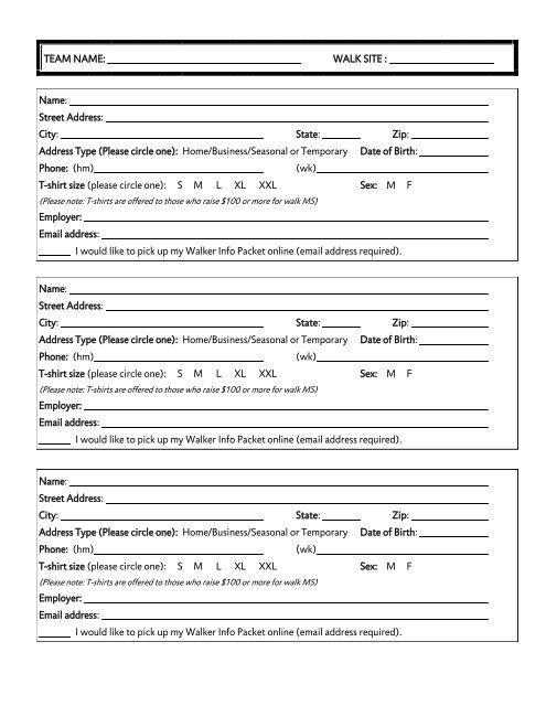 Printable Team registration form