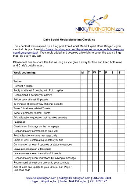 Daily Social Media Marketing Checklist This checklist was inspired ...