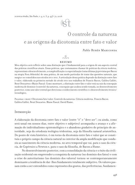 O controle da natureza e as origens da dicotomia entre fato e valor