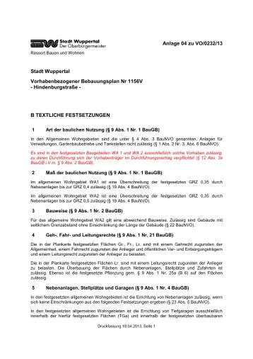 Bebauungsplan 1156V - Textliche Festsetzungen - Stadt Wuppertal