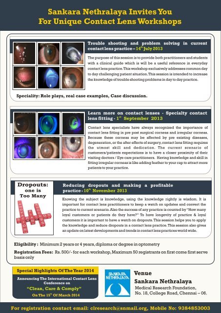 Sankara Nethralaya Invites You For Unique Contact Lens Workshops