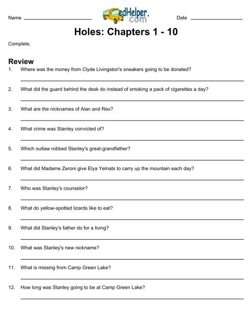 holes book review worksheet