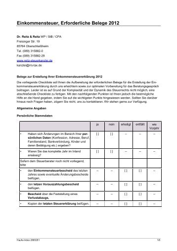 Checkliste zu Unterlagen Einkommensteuer 2012! - REITZ