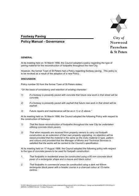 Footway Paving Policy Manual - Governance - City of Norwood ...