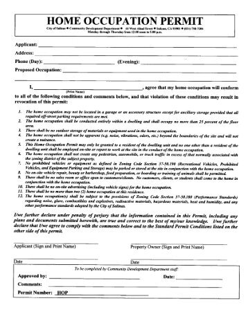 Home Occupation Permit Application - City of Salinas