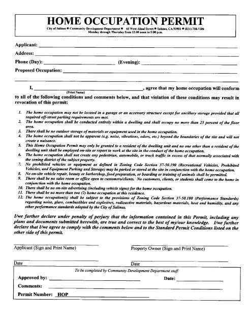 Home Occupation Permit Application - City of Salinas