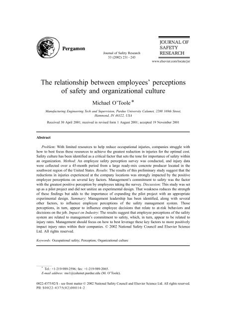 The relationship between employees' perceptions of safety and ...