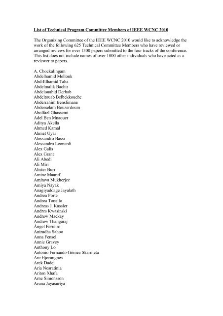 List of Technical Program Committee Members of IEEE WCNC 2010 ...