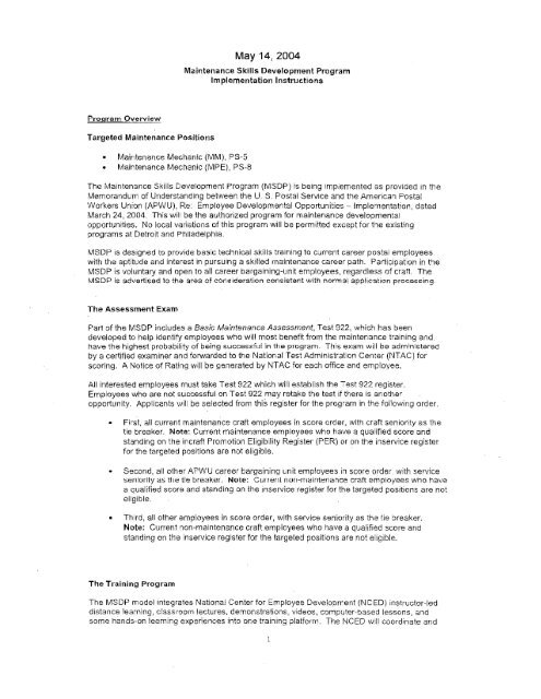 Maintenance Development Program Maintenance Skills Development Program Implementation ... - APWU