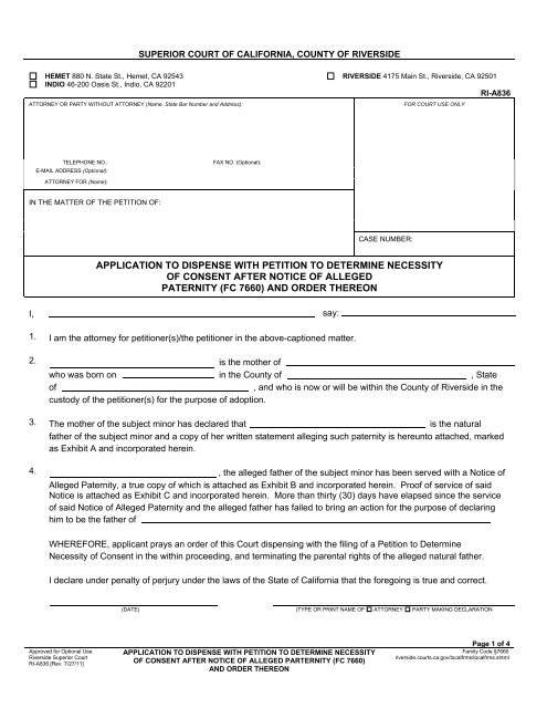 Application to Dispense with Petition - Superior Court, Riverside ...