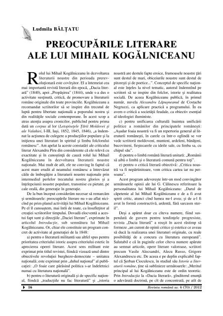 PREOCUPĂRILE LITERARE ALE LUI MIHAIL KOGĂLNICEANU