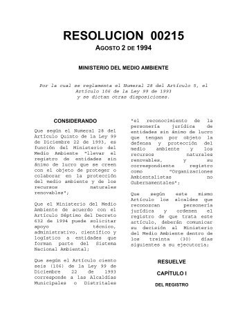 Resolución 0215 de 1994 - Corporación Autónoma Regional del ...