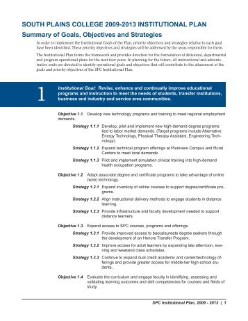 Summary of 2009-2013 Institutional Goals, Objectives and Strategies